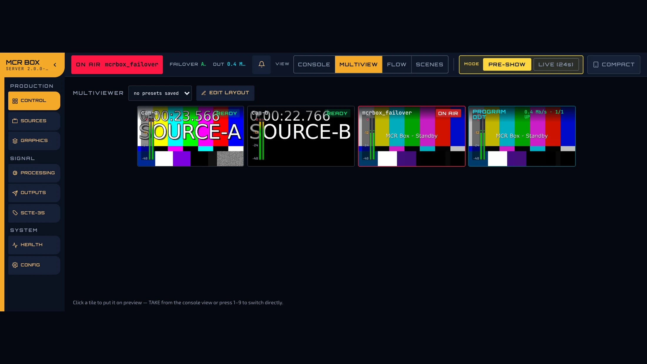 MCR Box multiviewer: four tiles with audio meters, two ready sources, the on-air source outlined in red, and the program output.
